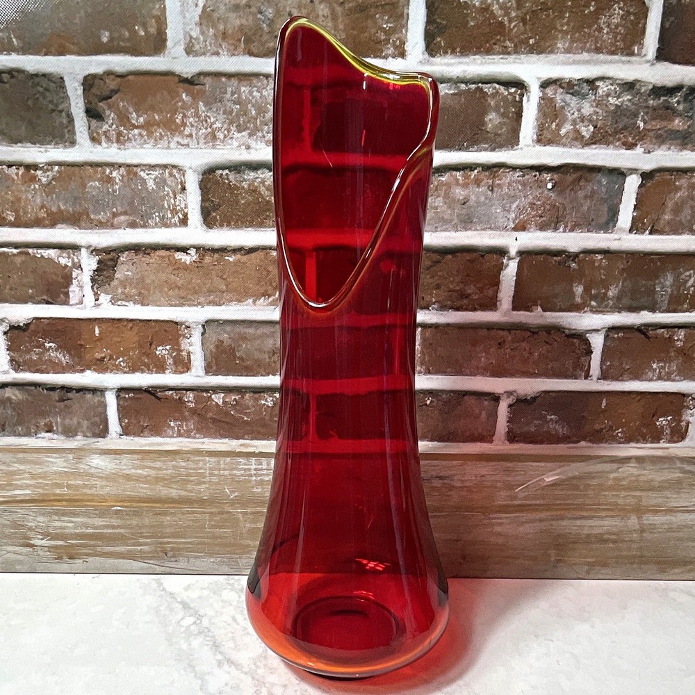 Red Art Glass Vase Amber Ruffled Rim 17" Tall 4" Wide Decorative Centerpiece